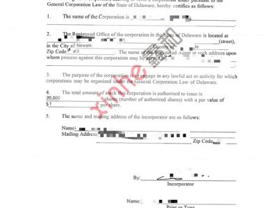 美国特拉华注册证书样本